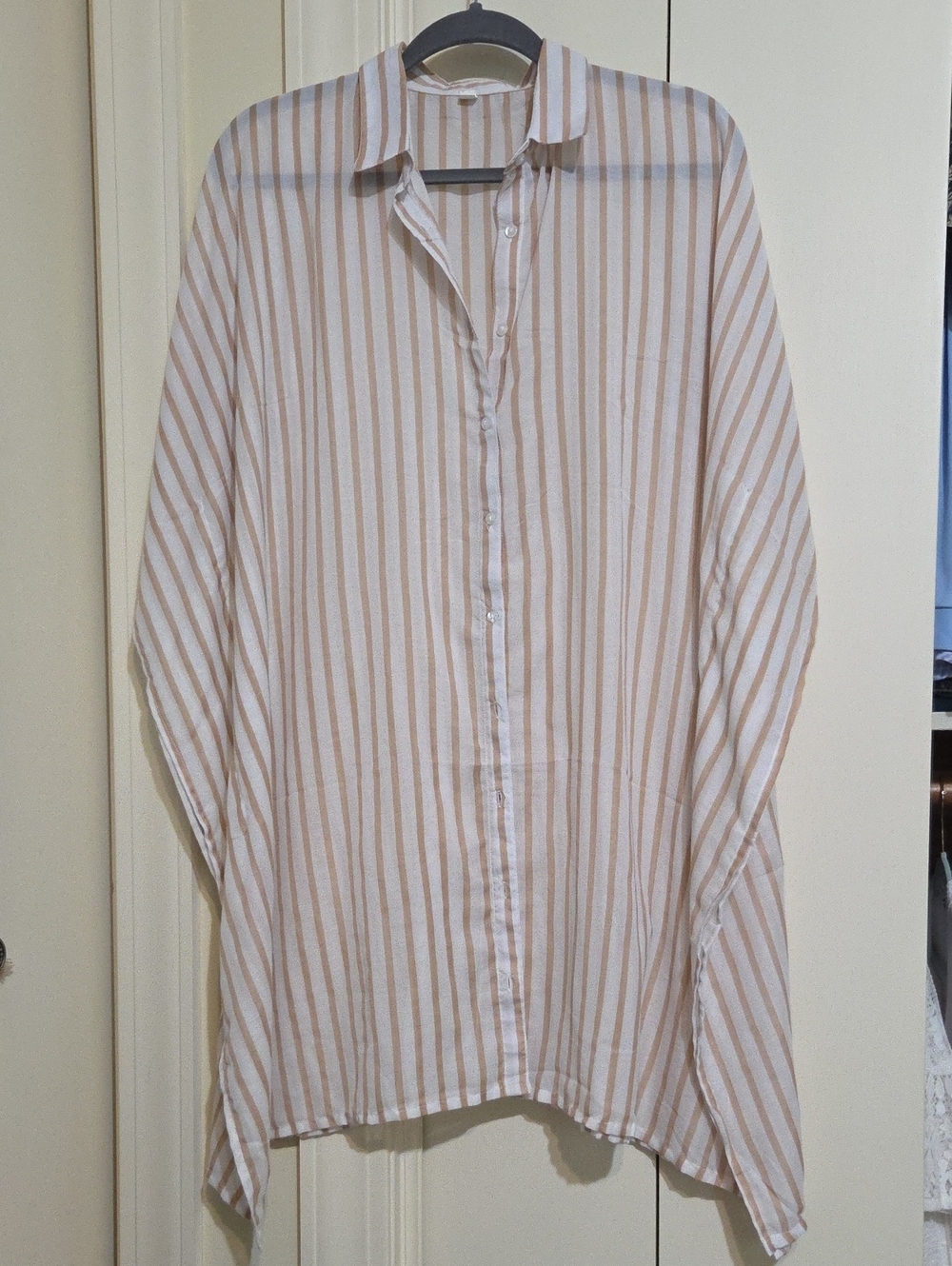Women's Cream and Tan Striped Oversized Swim Coverup Shirt